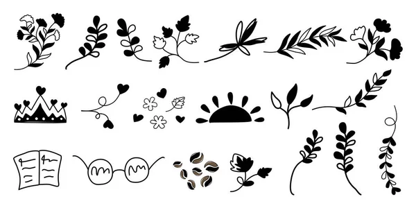 Schwarzes Blatt Und Blume Dekorative Elemente Vektor Set Entwickelt Doodle — Stockvektor