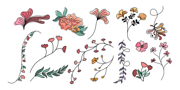 Векторний Набір Квіткових Листових Елементів Розроблених Каракулі Стилі Прикрас Карт — стоковий вектор