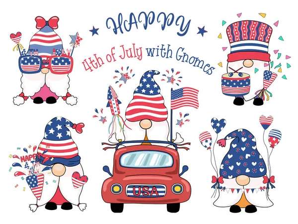 Happy 4Th July Gnomes Designed Doodle Style Red White Blue — Wektor stockowy