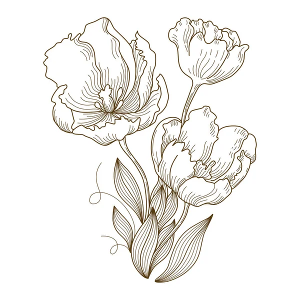 Vector Floral Line Art Illustration Designed Brown Tone Doodle Style — Vettoriale Stock