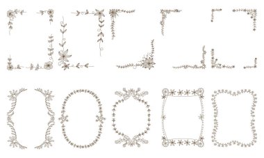 Çiçek çerçeve seti, dijital baskı, düğün kartı, albüm, kapak tasarımı, etiket baskısı ve daha fazlası için beyaz zemin üzerinde karalama tarzı kahverengi çizgiler ile tasarlanmıştır..