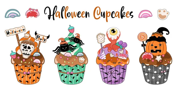 Halloween Cupcakes Designed Doodle Style White Background Great Decorating Halloween — Image vectorielle