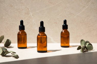 Organic cosmetics, a set of glass bottles with facial cosmetics on a beige background decorated with eucalyptus branches