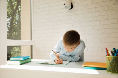 Bir öğrenci beyaz bir masadaki deftere numaralar yazıyor. Okul konseptine dönelim.