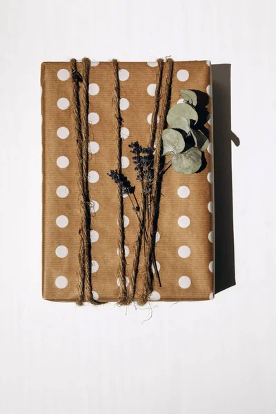 Gift Wrapped Kraft Paper White Circles Tied Twine Decorated Dry — Stock fotografie