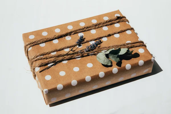 Gift Wrapped Kraft Paper White Circles Tied Twine Decorated Dry — Stock fotografie