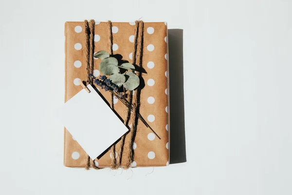 Gift Wrapped Kraft Paper White Circles Tied Twine Decorated Dry — Stock fotografie