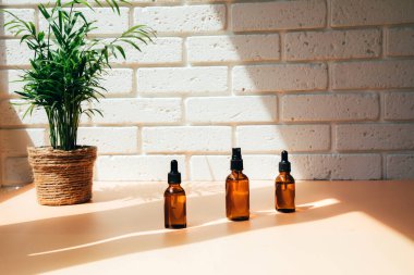 A group of amber bottles on white table with face care products. A set of cosmetics in a glass package with a house palm in the background. Front view
