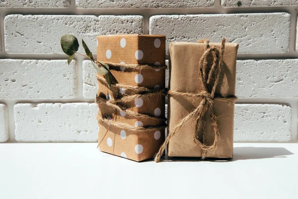 Two Handmade Gifts Kraft Paper Tied Wide Twine Decorated Dry — Foto Stock