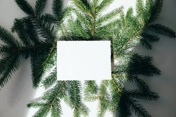 Beyaz Bir Kağıt Yaprağı Köknar Dallarıyla Süslenir Yeni Yıl Düzlüğü — Stok fotoğraf