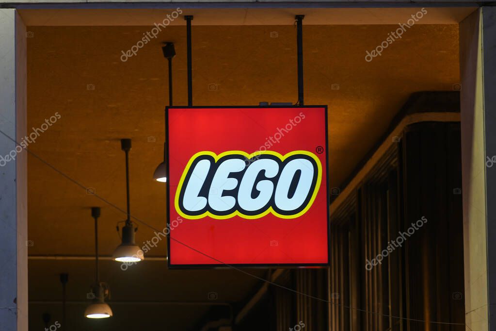 Milan, Italy - September 24, 2021: Lego logo displayed on a facade of a store in Milan.