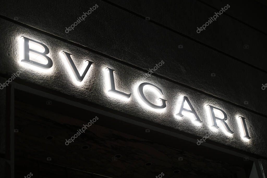 Milan, Italy - September 24, 2021: Bulgari logo displayed on a facade of a store in Milan.