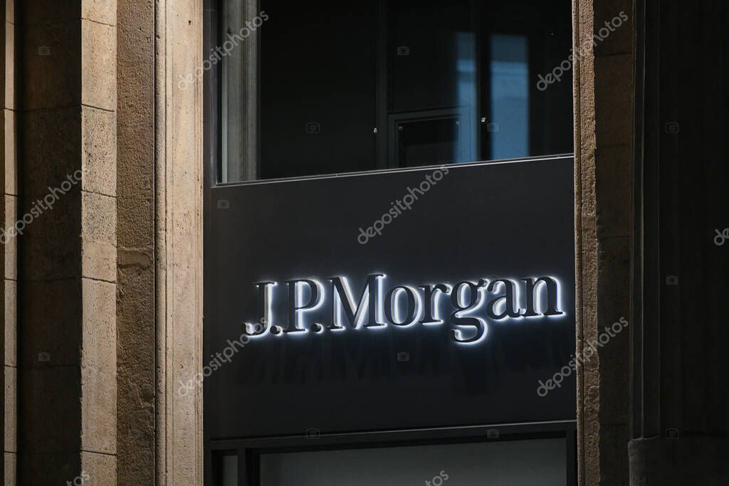 Milan, Italy - September 24, 2021: JP Morgan logo displayed on a facade of a store in Milan.