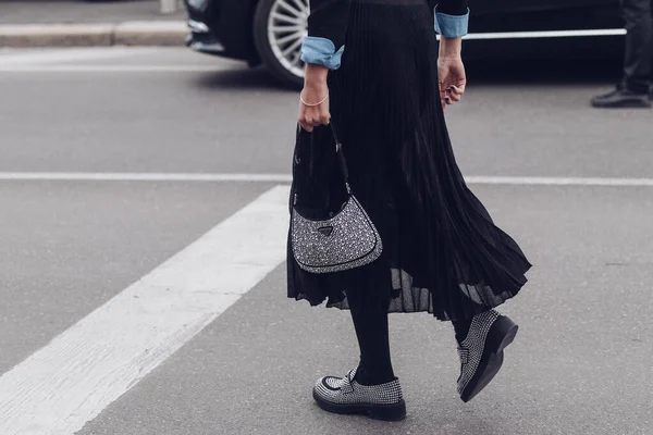 Milan Italy February Street Style Woman Wearing Prada Silver Cleo — Stock Photo, Image