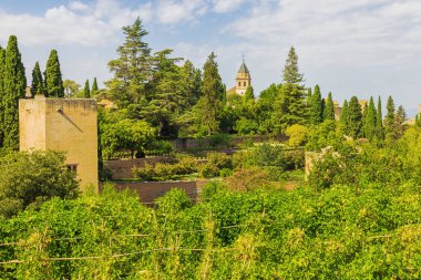 Alhambra 'nın kuzey duvarlarının manzarası, Generalife' e giderken alt bahçelerden görüldü.