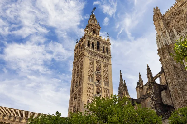 Giralda ve Giraldillo ile Seville Katedrali. Kulede yazının görünen kısmı Tanrı 'nın adının güçlendirilmiş bir kule olduğunu söylüyor.