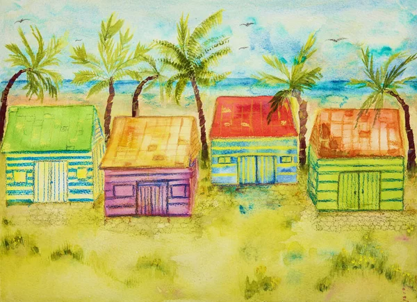 Beach houses with palm trees. The dabbing technique near the edges gives a soft focus effect due to the altered surface roughness of the paper.