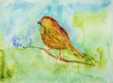 Bir dalda serçe. Kenarlara yakın dokunmatik tekniği kağıdın değişmiş yüzey pürüzü nedeniyle yumuşak bir odak etkisi verir.