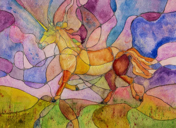 Unicorn with colorful geometric patterns. The dabbing technique near the edges gives a soft focus effect due to the altered surface roughness of the paper.