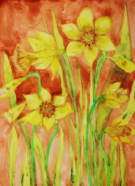 Kırmızı arka planı olan nergis. Kenarlara yakın dokunmatik tekniği kağıdın değişmiş yüzey pürüzü nedeniyle yumuşak bir odak etkisi verir.