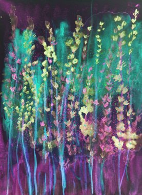 Psikedelik bir gecede lavanta. Kenarlara yakın dokunmatik tekniği kağıdın değişmiş yüzey pürüzü nedeniyle yumuşak bir odak etkisi verir.