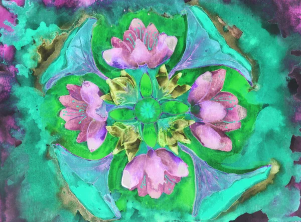 Vibrant Pink Lotus Flowers Green Background Dabbing Technique Edges Gives — Foto Stock