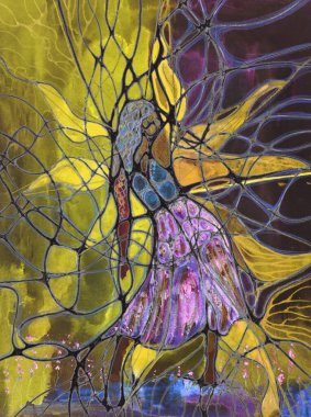 Nörografik dansçı kadın. Kenarlara yakın dokunmatik tekniği kağıdın değişmiş yüzey pürüzü nedeniyle yumuşak bir odak etkisi verir.