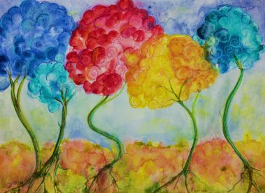 Yürüyen çiçek ağaçları. Kenarlara yakın dokunmatik tekniği kağıdın değişmiş yüzey pürüzü nedeniyle yumuşak bir odak etkisi verir.