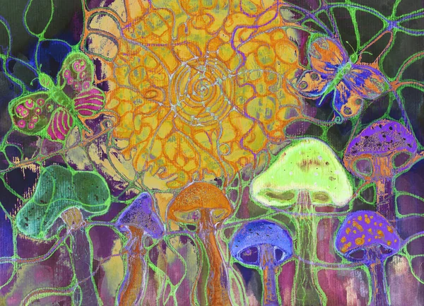 Psychedelic mushrooms and butterflies in the trippy night. The dabbing technique near the edges gives a soft focus effect due to the altered surface roughness of the paper.