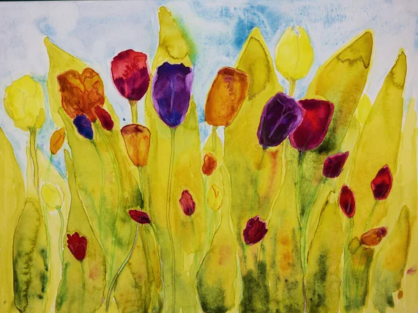 Vibrant tulips with multiple colors. The dabbing technique near the edges gives a soft focus effect due to the altered surface roughness of the paper.