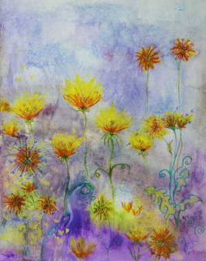 Mavi arka planı olan bir tarlada yabani çiçekler. Kenarlara yakın dokunmatik tekniği kağıdın değişmiş yüzey pürüzü nedeniyle yumuşak bir odak etkisi verir.