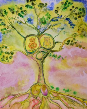 Baykuşlu hayat ağacı. Kenarlara yakın dokunmatik tekniği kağıdın değişmiş yüzey pürüzü nedeniyle yumuşak bir odak etkisi verir.