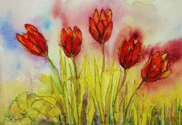 Doodled Red Tulips Gras Dabbing Technique Edges Gives Soft Focus —  Fotos de Stock