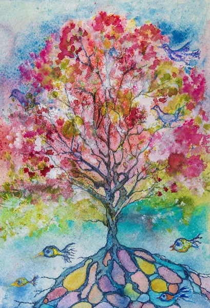 Pink Tree Life Fishes Dabbing Technique Edges Gives Soft Focus — 图库照片