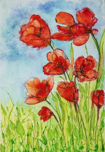 Doodling Red Tulips Field Dabbing Technique Edges Gives Soft Focus —  Fotos de Stock