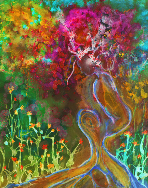 Sakura tree of life with mother nature. The dabbing technique near the edges gives a soft focus effect due to the altered surface roughness of the paper.