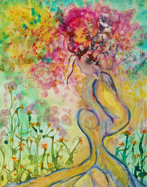 Lady sakura. The dabbing technique near the edges gives a soft focus effect due to the altered surface roughness of the paper.