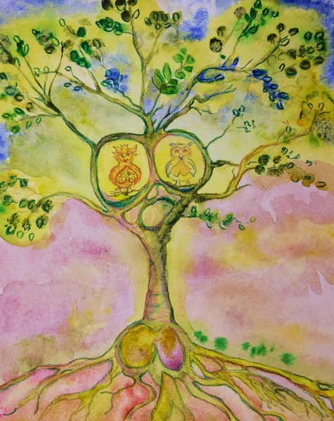 Tree of life with owls. The dabbing technique near the edges gives a soft focus effect due to the altered surface roughness of the paper.