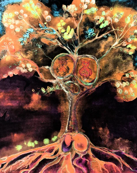 Night owls in tree of life. The dabbing technique near the edges gives a soft focus effect due to the altered surface roughness of the paper.