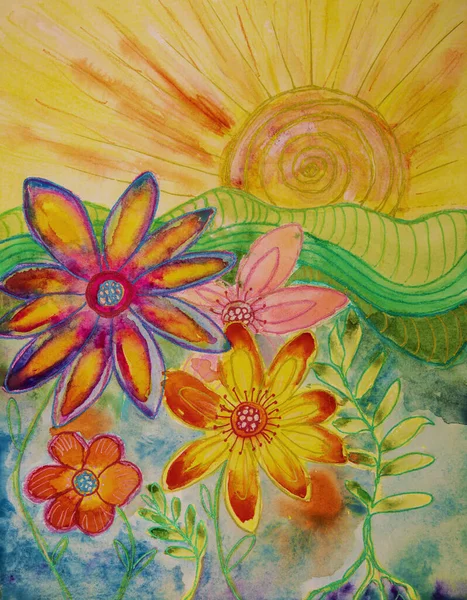 Doodled Sun Flowers Dabbing Technique Edges Gives Soft Focus Effect — ストック写真