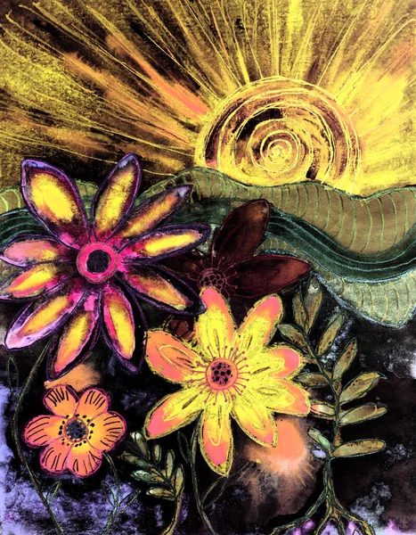 Glowing Sunset Whimsical Flowers Dabbing Technique Edges Gives Soft Focus — Zdjęcie stockowe