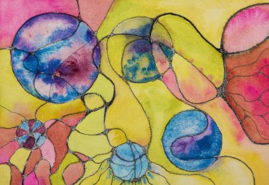 Çizgilerle çemberleri birbirine bağlayan nörografik çizgiler. Kenarlara yakın dokunmatik tekniği kağıdın değişmiş yüzey pürüzü nedeniyle yumuşak bir odak etkisi verir.