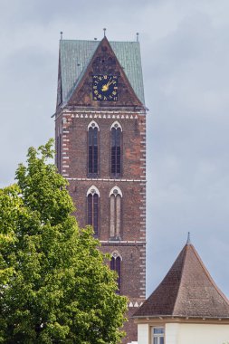The brick tower of Saint Mary's church which is the only remainder of the original Brick Gothic edifice