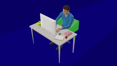 Mavi arka planda bilgisayarı olan bir işadamı karakteri 3D resimleme