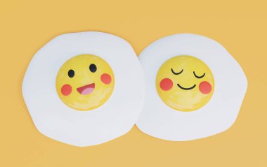 Mutlu yüzlü iki sahanda yumurta turuncu arka planda 3D rendeleme