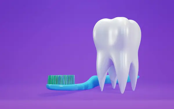 blue toothbrush, white tooth 3d rendering on purple background