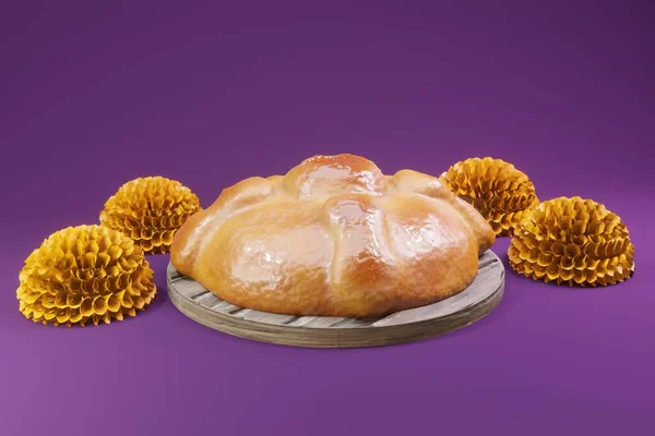 Ahşap tahtada, mor arka planda geleneksel çiçeklerle ölmüş insanların üç boyutlu resimli ekmeği.