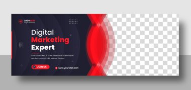 Dijital Pazarlama Sosyal Medya Kapağı Fotoğraf Şablonu Tasarımı. Dijital pazarlama ajansı web afişi. Ticari pazarlama sosyal medya kapağı tasarımı kırmızı renklidir. İnternet afişi. Sosyal medya kapağı tasarımı.