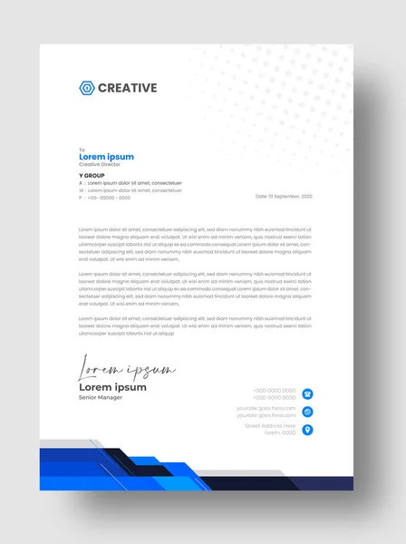 Corporate Moderne Business Briefhoofd Ontwerp Sjabloon Met Blauwe Kleur Creatief — Stockvector