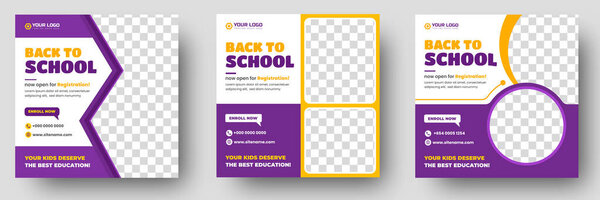 School admission social media post banner design. back to school social media post banner design set. Back to school admission promotion banner. school admission template for social media ad.